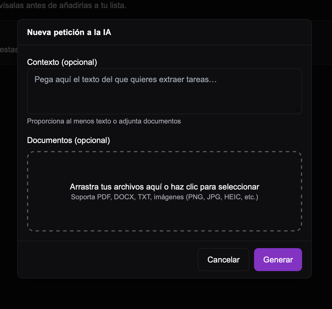 Interfaz de IA para generar tareas desde documentos